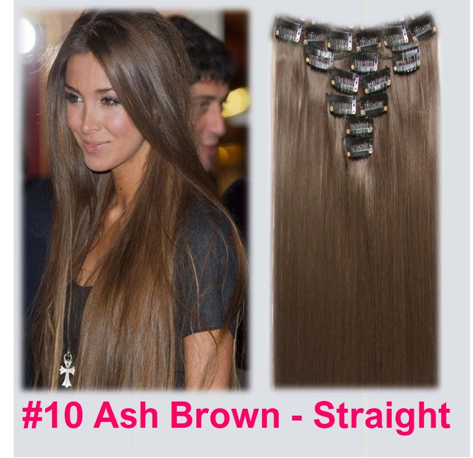 22 Clip In Hair Extensions Straight Ash Brown 10 Full Head 7pcs